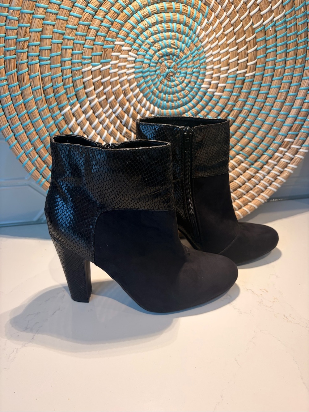 Chic Black Faux-Suede & Snake-Texture Ankle Booties
